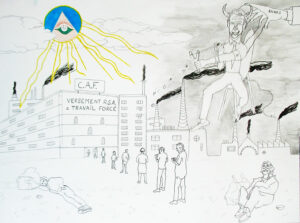 Macron et le R.S.A., 2023, feutre, encre, et aquarelle sur papier, 36 x 48 cm