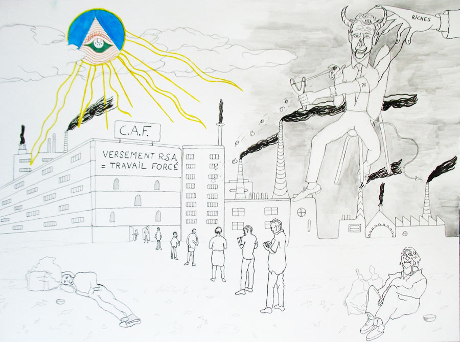 Macron et le R.S.A., 2023, feutre, encre, et aquarelle sur papier, 36 x 48 cm