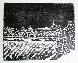 Paris, la nuit, 2023, gravure sur bois, 24,3 x 30,2 cm.