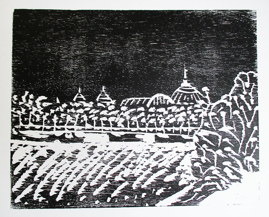 Paris, la nuit, 2023, gravure sur bois, 24,3 x 30,2 cm.