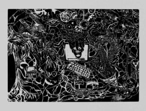 L’effondrement d’internet , 2018, gravure sur bois, 70 x 100 cm