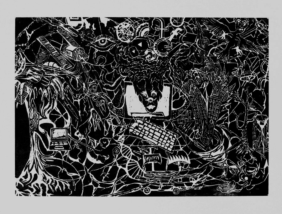 L’effondrement d’internet , 2018, gravure sur bois, 70 x 100 cm