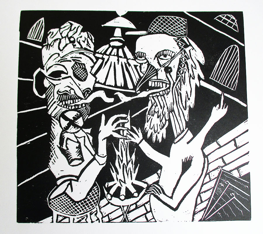 Le baiser mutilé, 2023, linogravure, 28,6 x 26,1 cm