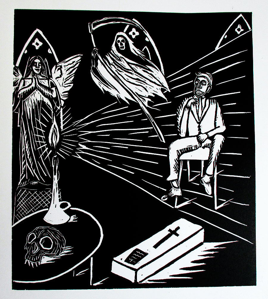 L’attente de la mort, 2023, linogravure, 29,5 x 25,6 cm.