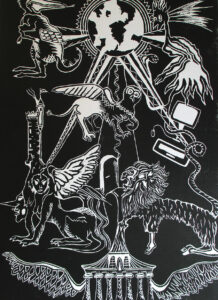 La porte de l’énigme, 2023, linogravure, 29,8 x 42,1 cm