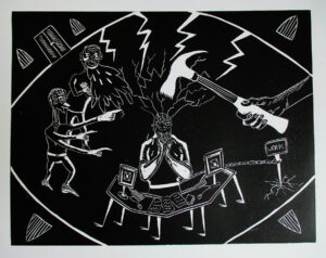 La souffrance au travail, 2023, linogravure, 30 x 38,6 cm.
