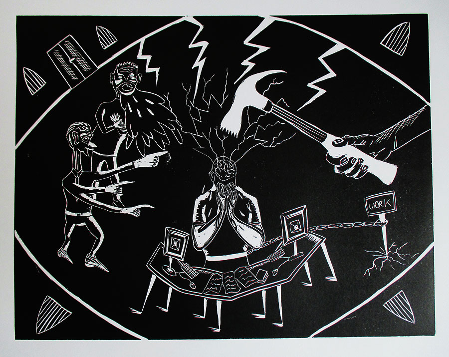 La souffrance au travail, 2023, linogravure, 30 x 38,6 cm.