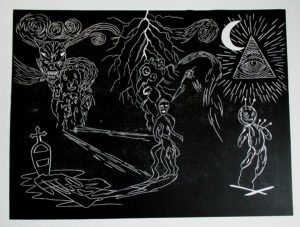 Persécution, 2023, linogravure, 36,5 x 48,6 cm.