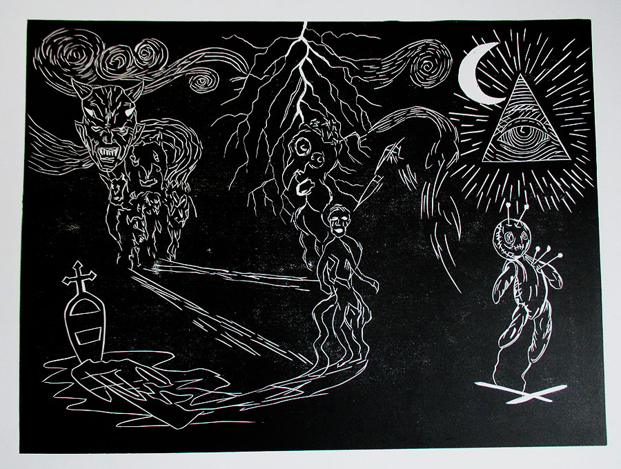 Persécution, 2023, linogravure, 36,5 x 48,6 cm.