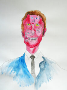 Macron II, 2023, aquarelle et acrylique sur papier, 36 x 48 cm