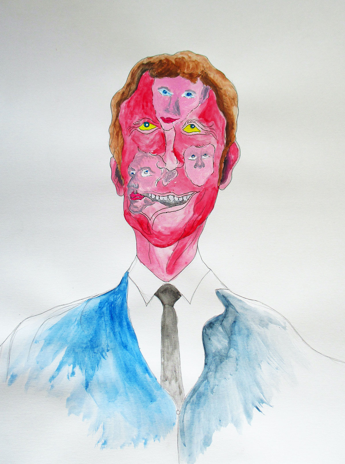Macron II, 2023, aquarelle et acrylique sur papier, 36 x 48 cm