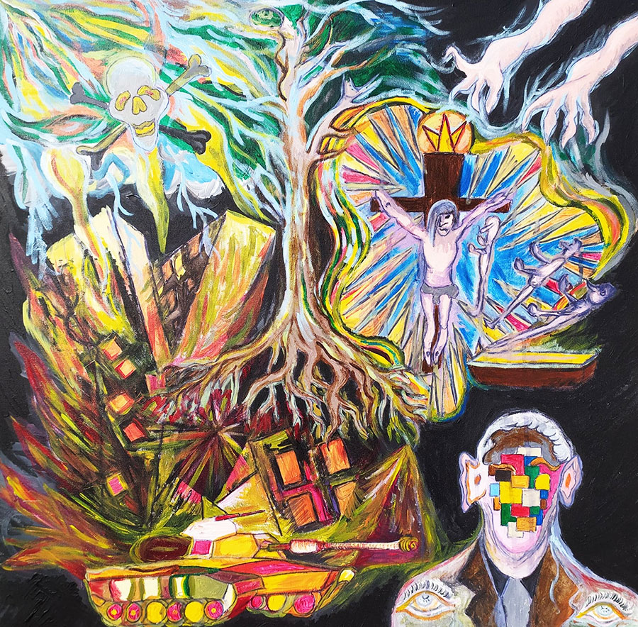 Le chaos de la résurrection, 2022, acrylique sur toile, 80 x 80 cm.