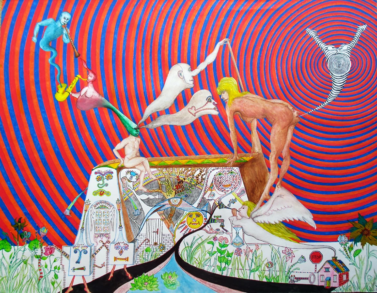 Le cri du génie hallucinogène, 2016, acrylique, feutre et stylo sur papier, 50 x 65 cm.