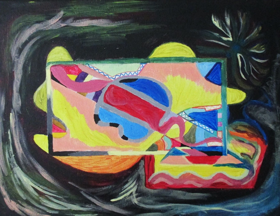 Le torrent obscure, 2022, acrylique, et feutre sur toile, 30 x 40 cm.