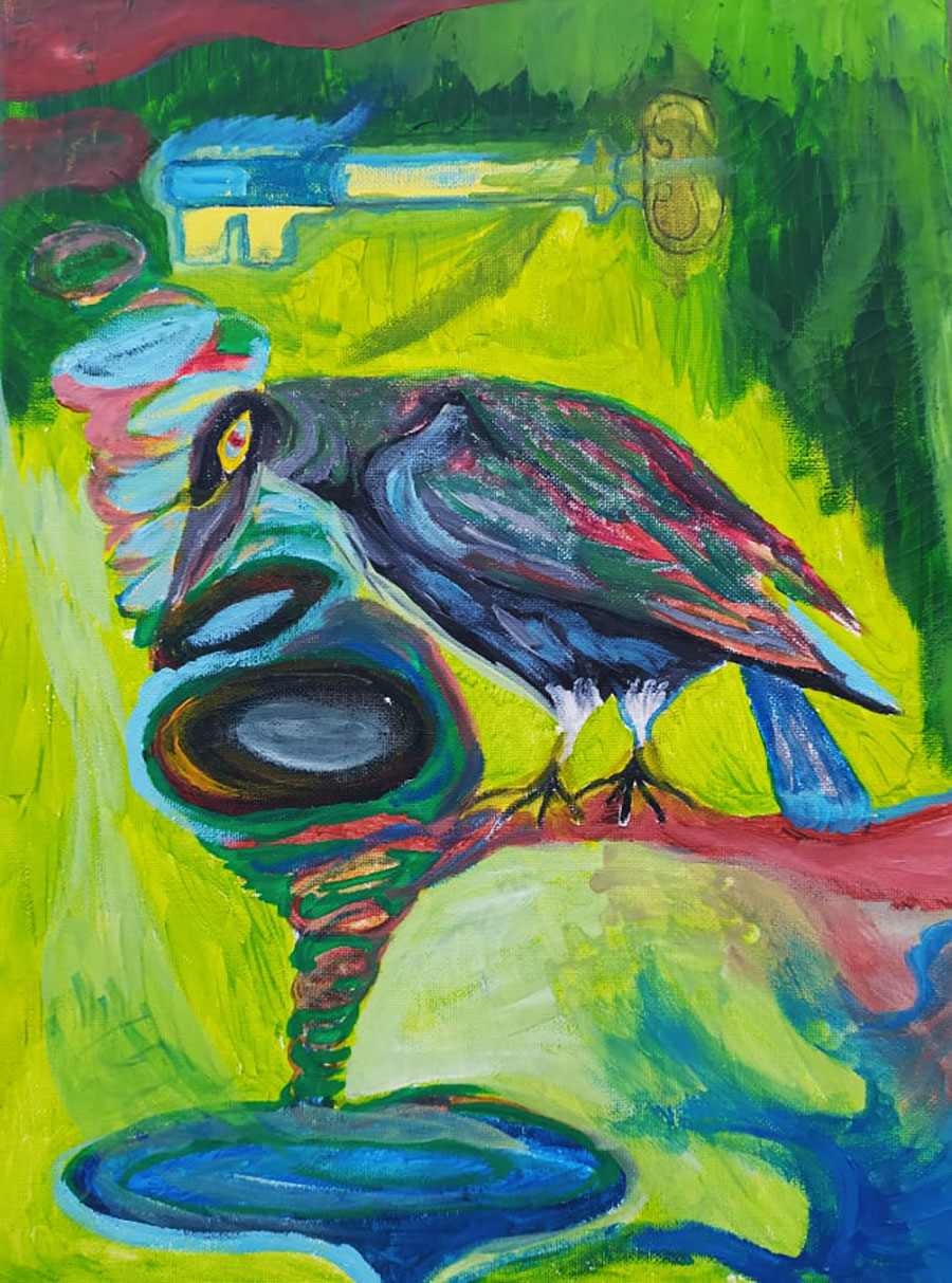 Le pigeon secret, 2021, gouache et acrylique sur toile, 30 x 40 cm