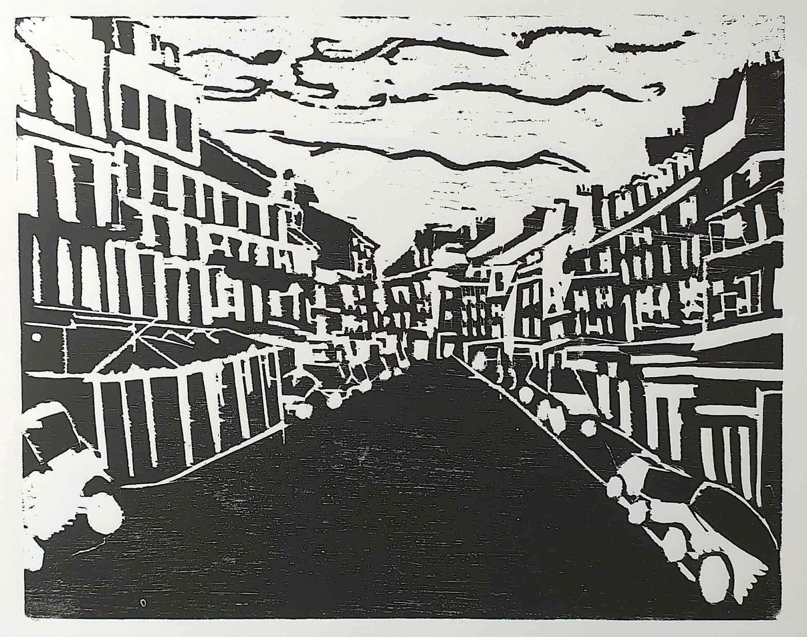 Paysage de rue, 2024, gravure sur bois, 30 cm x 38 cm.