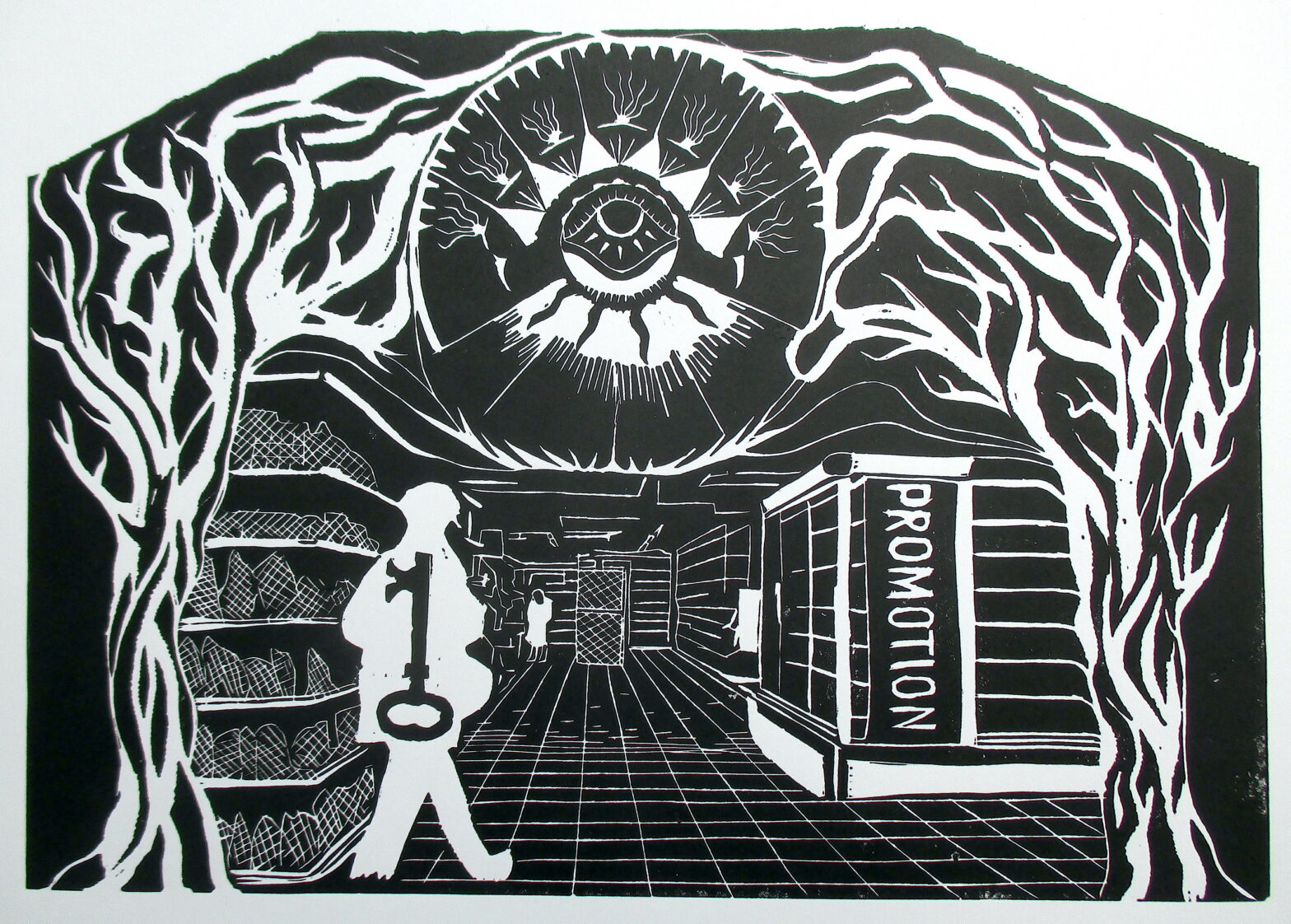 La vision du supermarché, 2024, linogravure, 40,5 x 28,5 cm.