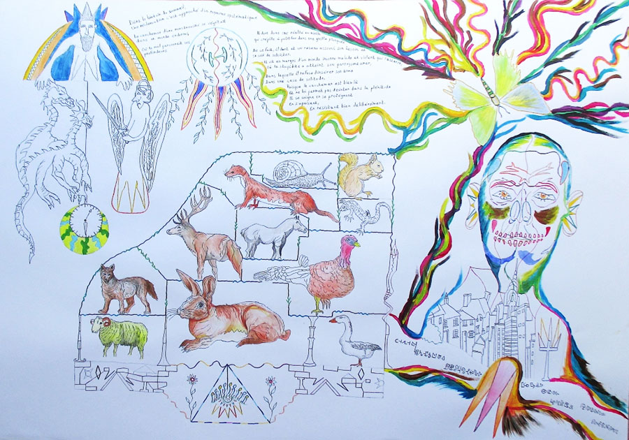Le papillon et le poème, 2022, feutres, acrylique et stylo sur papier, 84 x 59,2 cm.