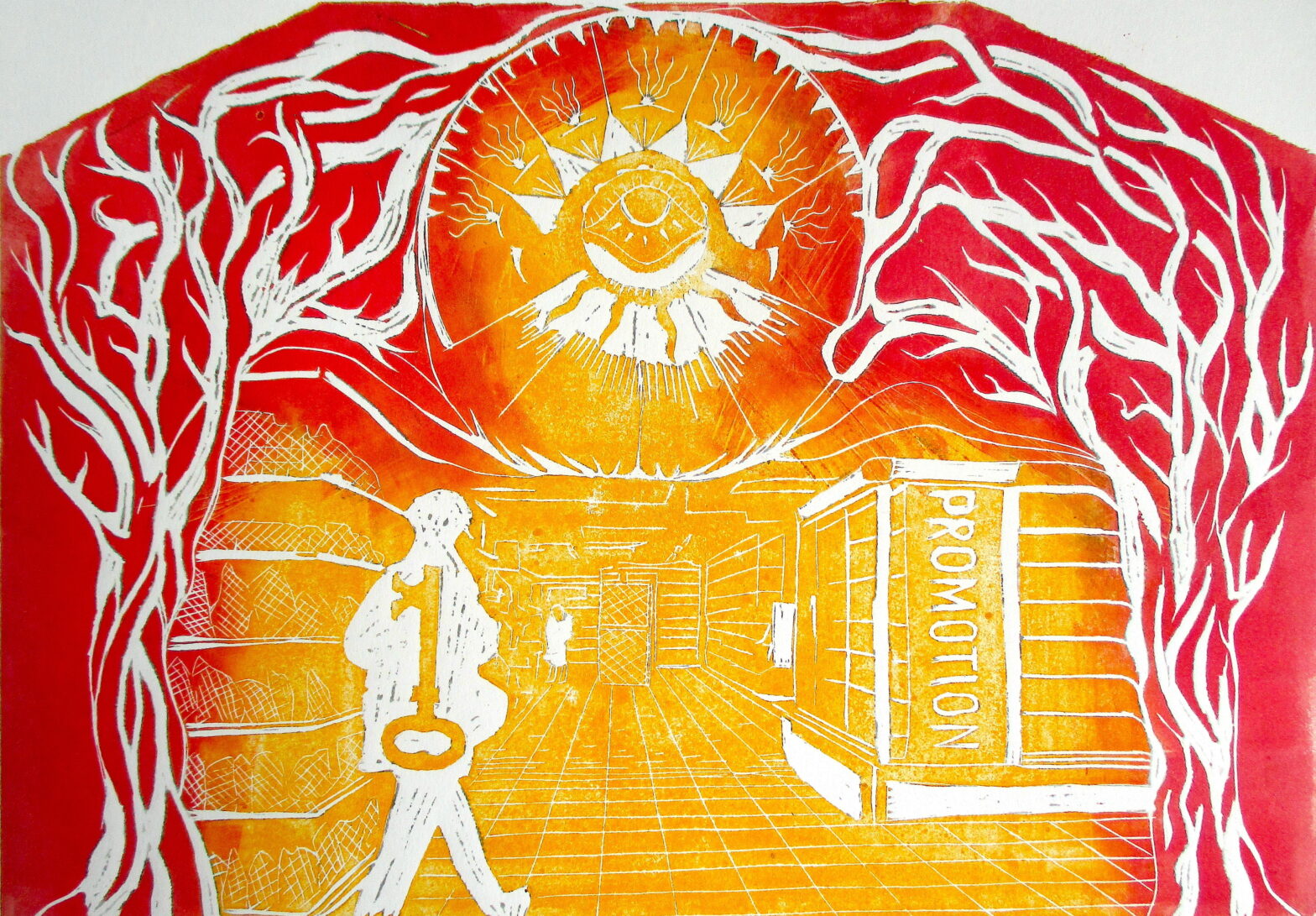 LA VISION DU SUPERMARCHE III, 2024, LINOGRAVURE, 40,5 X 28,5 CM.