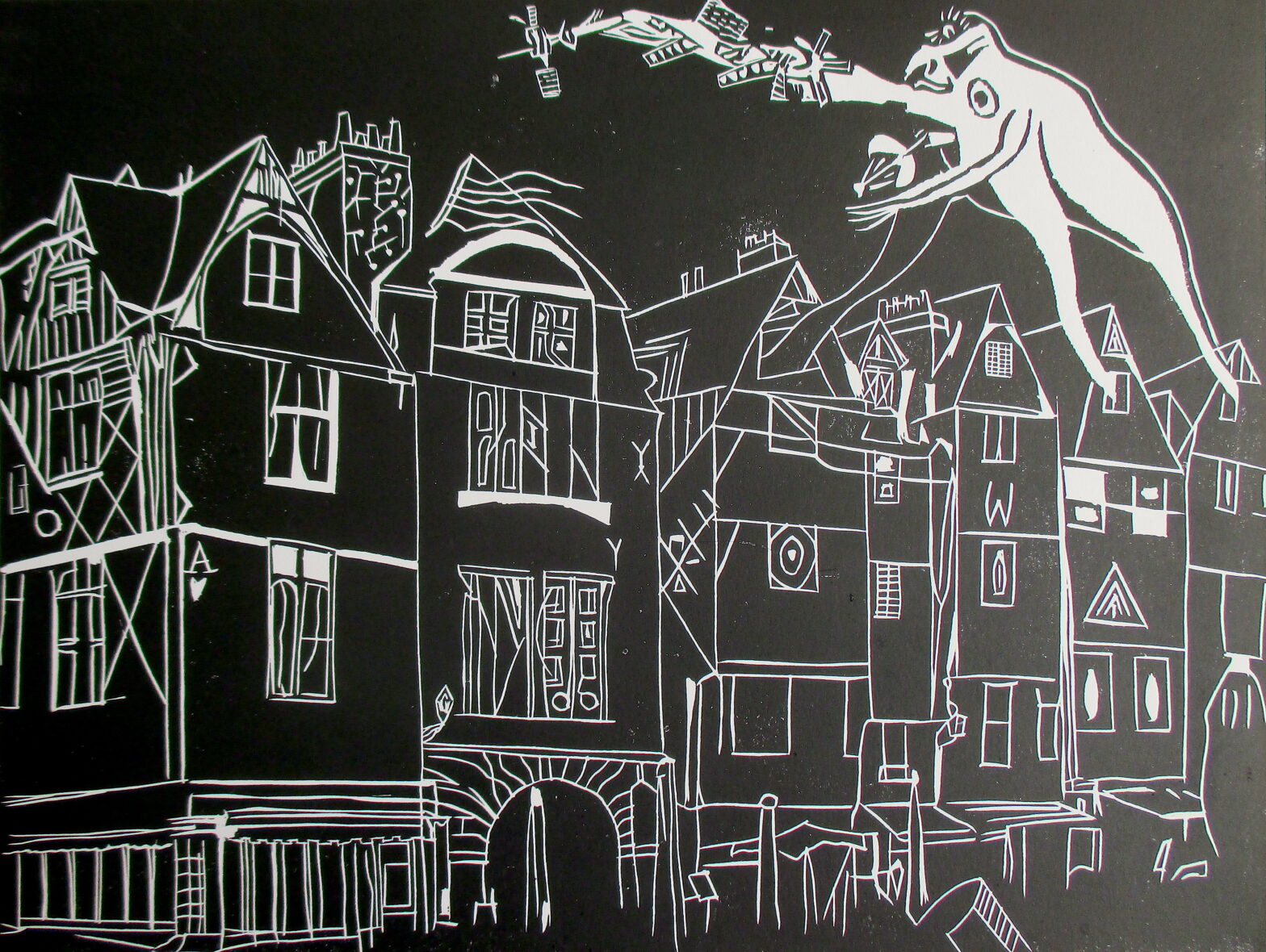 Place Plumereau, 2025, Linogravure, 40,6 x 30,7 cm.