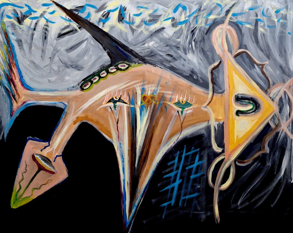 Composition symbolique de l'absurdité, 2025, acrylique sur toile, 81 x 65 cm.