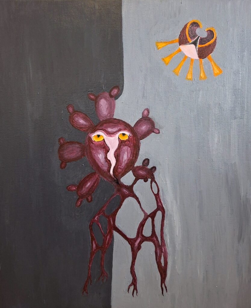 Créature imaginaire et naïve, sous un soleil divin, 2025, acrylique sur toile, 50 x 61 cm.