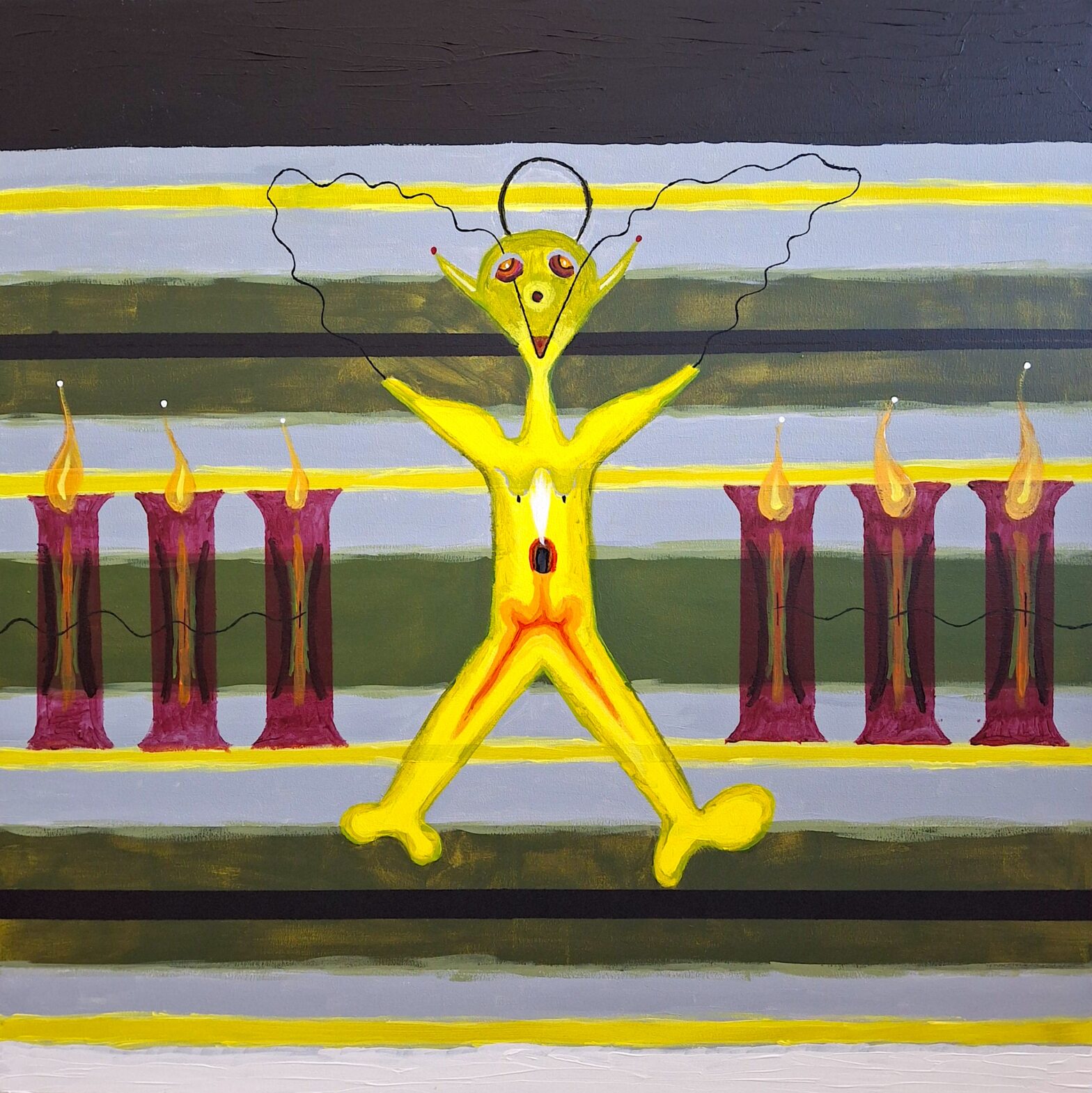 Ejaculation divine d'une loufoquerie, 2025, acrylique sur toile, 80 x 80 cm.